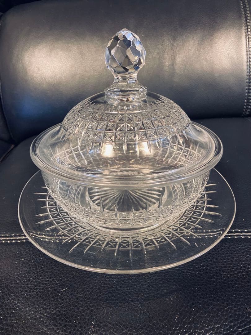 英国アンティーク　クリスタル　ボンボニエール　ソーサー　ハンドカット