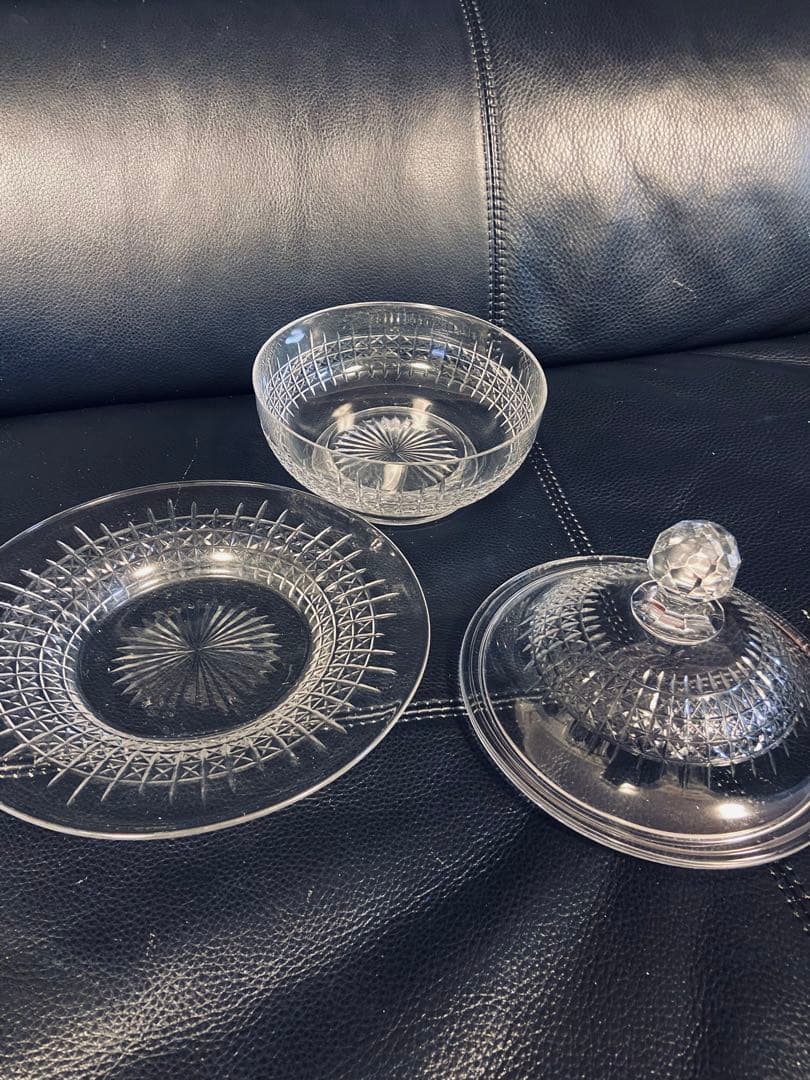 英国アンティーク　クリスタル　ボンボニエール　ソーサー　ハンドカット