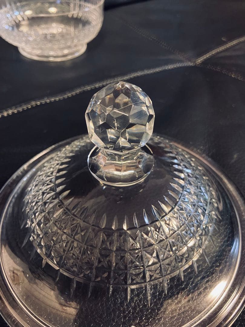 英国アンティーク　クリスタル　ボンボニエール　ソーサー　ハンドカット