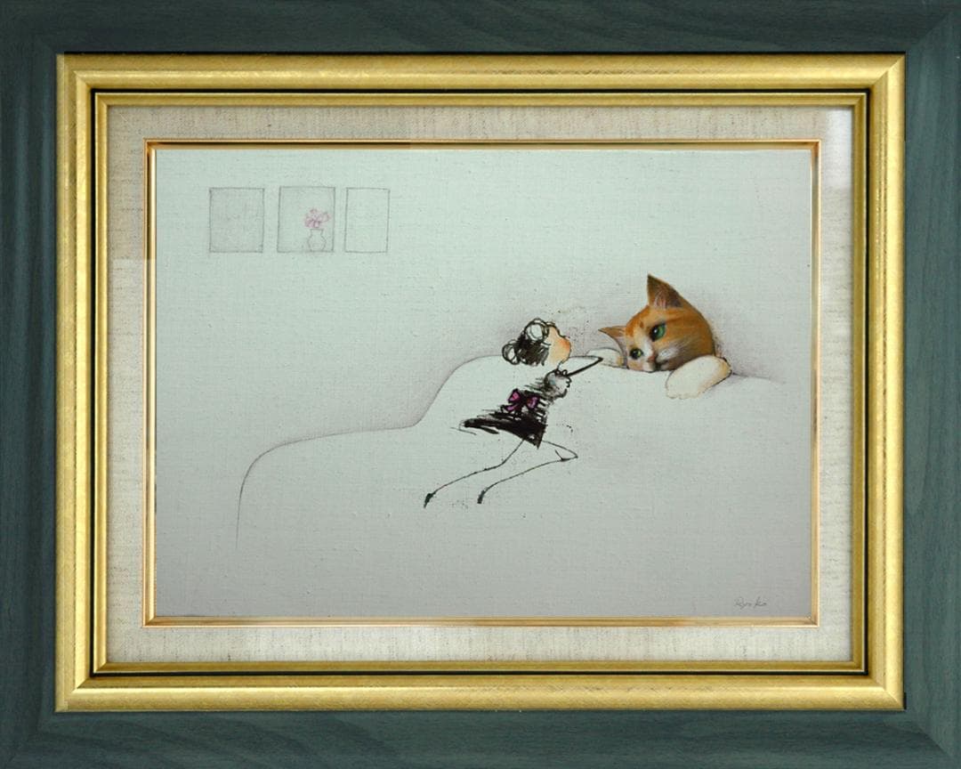 油絵 菅家令子 絵 絵画インテリア 額付(黒) F4-090518 子猫と女の子