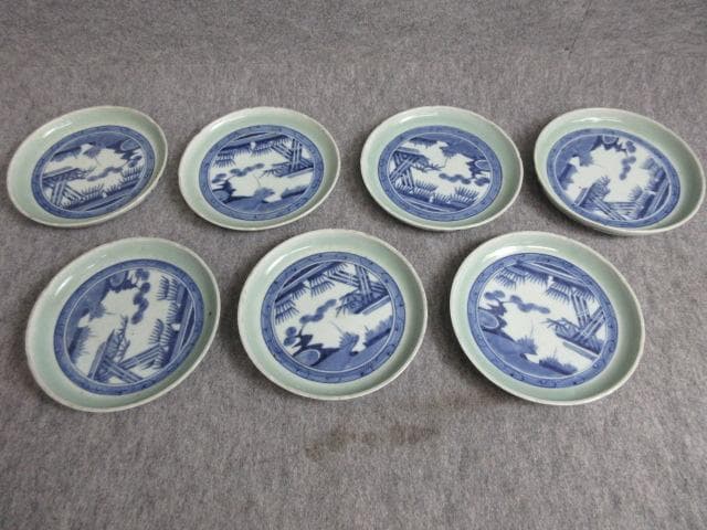 古伊万里冨貴長春青磁染付松竹梅図焼物皿7枚 [B27959]