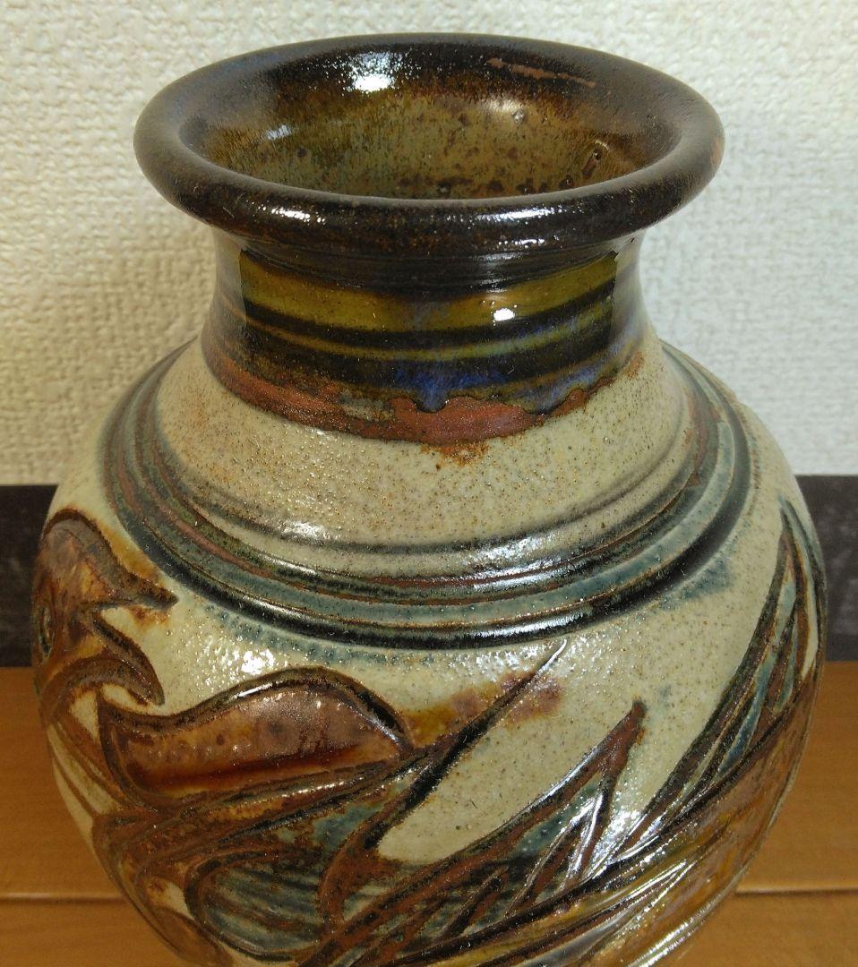 人間国宝 金城次郎 海老魚紋花瓶 栞 共箱 壺屋焼 壷屋焼 やちむん 上作花瓶