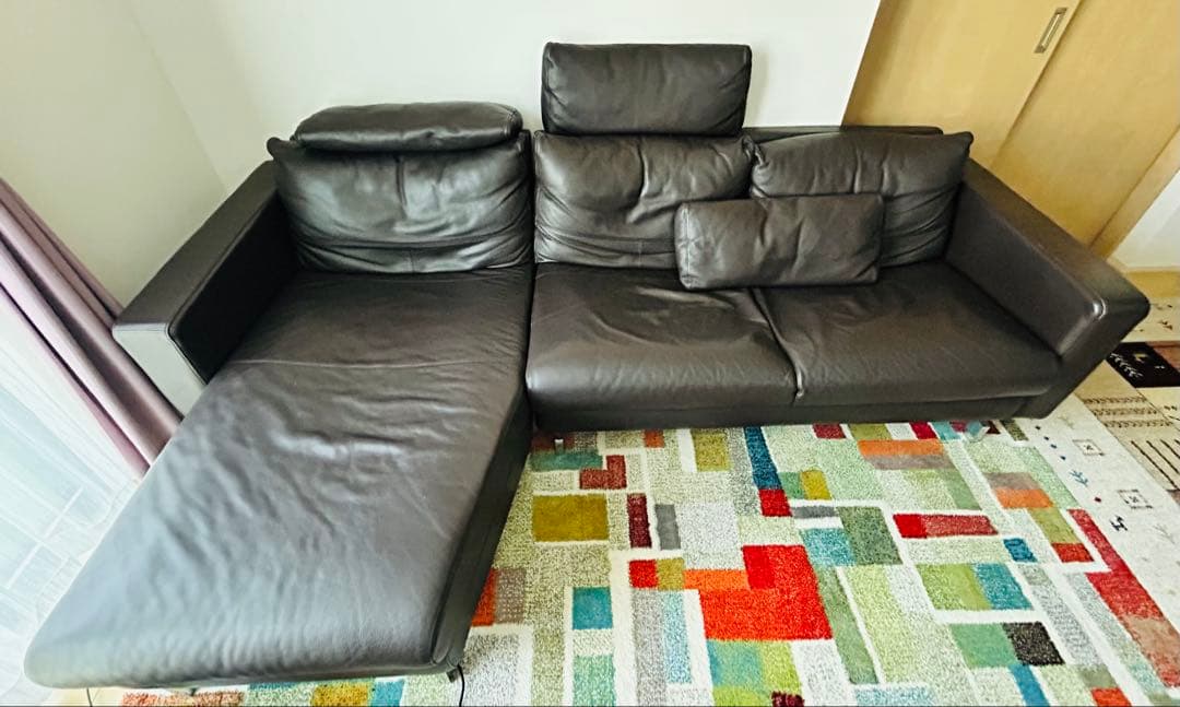 ダークブラウン 本革レザー L字型ソファ　カウチ