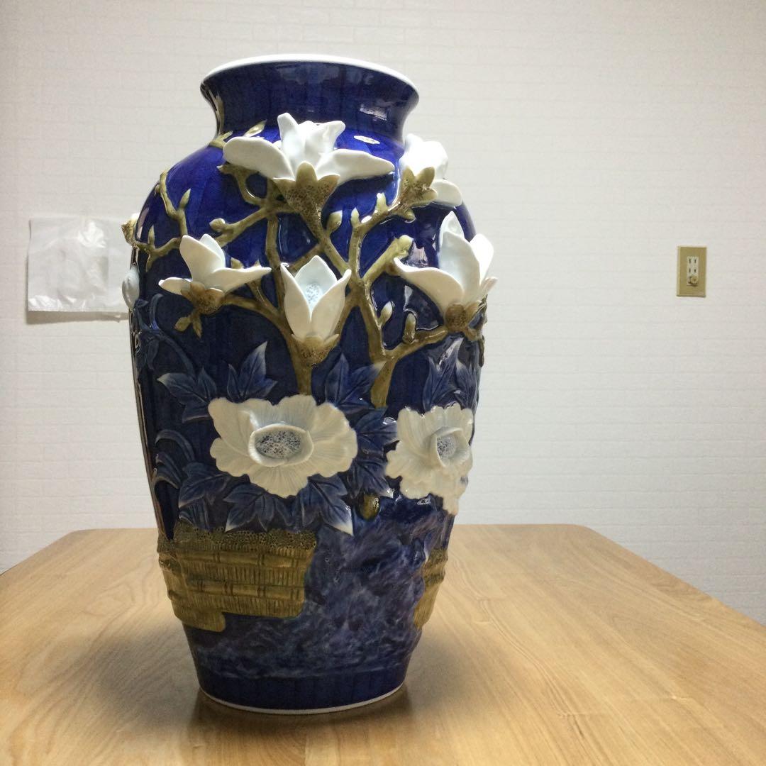 ☆値下げ！有田焼　花瓶　陶器　花　白　紺　ツルツル　豪華！緒方松右衛門？