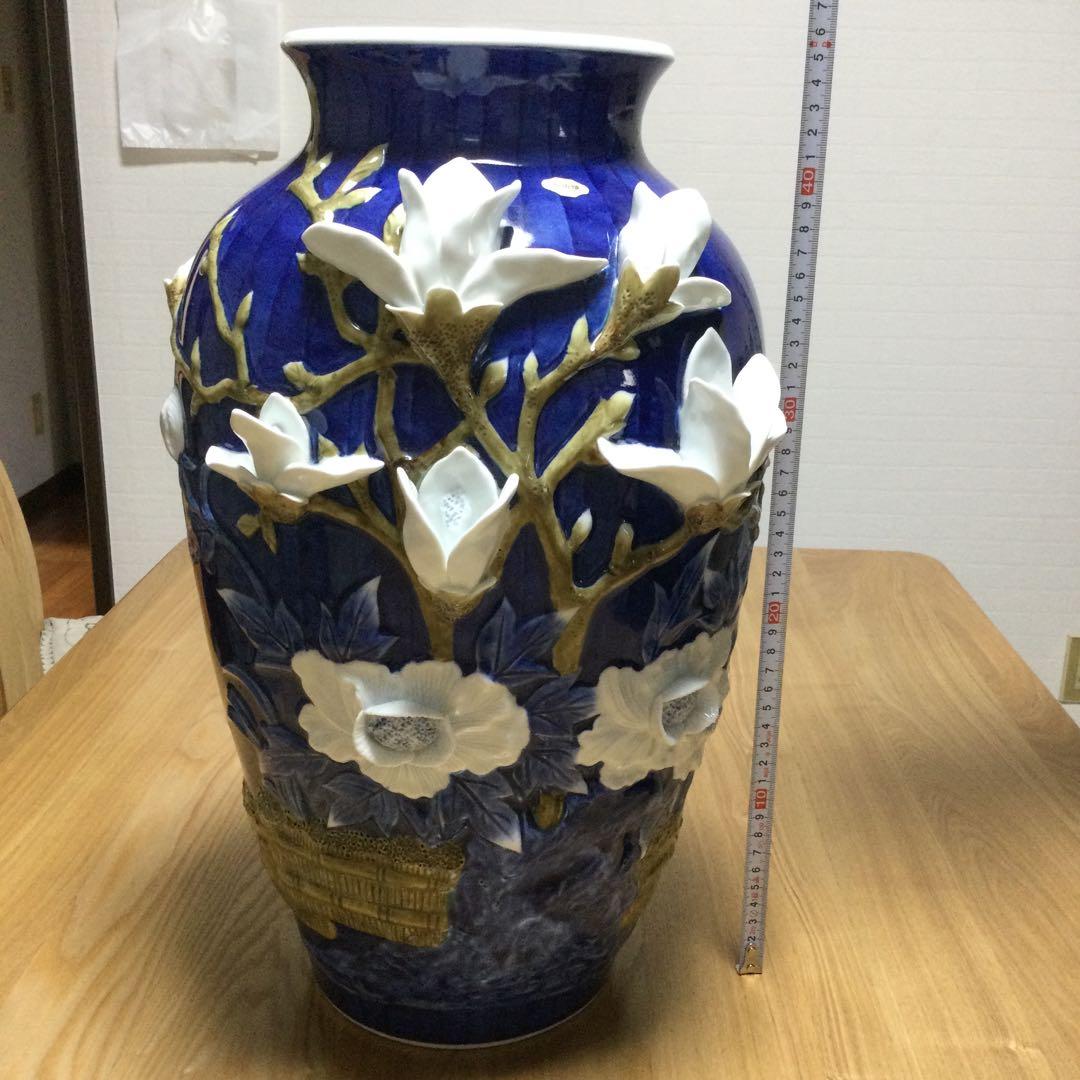 ☆値下げ！有田焼　花瓶　陶器　花　白　紺　ツルツル　豪華！緒方松右衛門？
