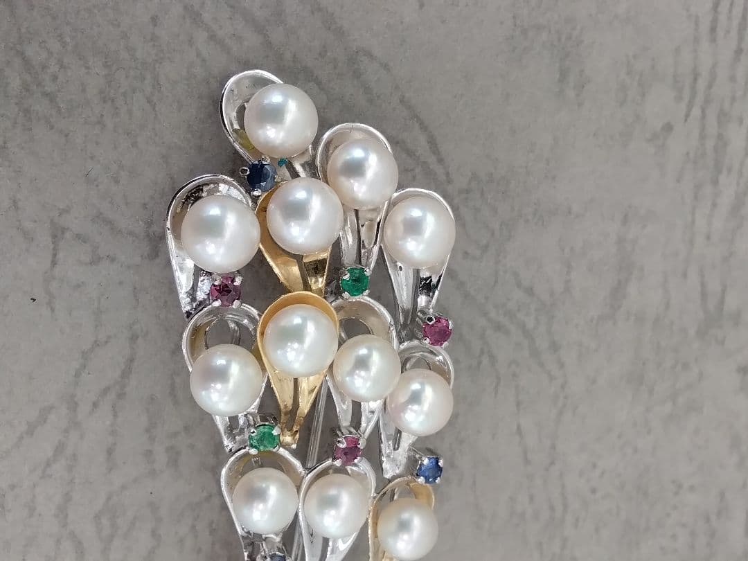 SV/K18あこや真珠/天然石ブローチ　　中古品