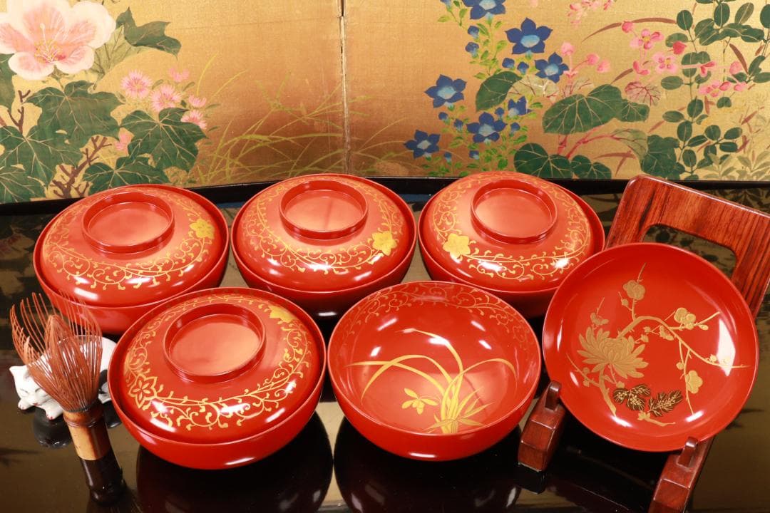 BJ120a　時代輪島塗　四君子図蒔絵　吸物椀　五客　木製　茶道具 懐石 菓子