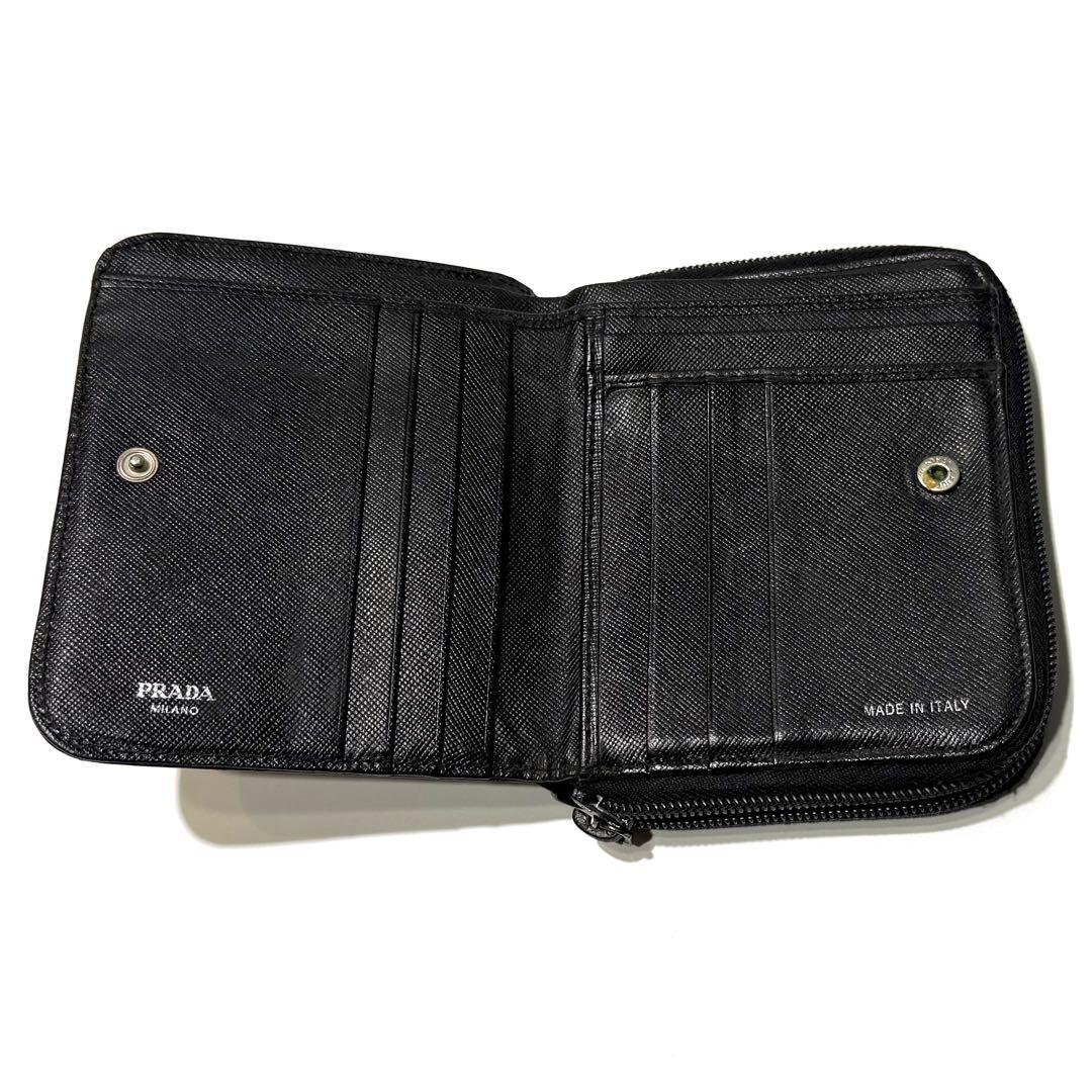 PRADA 二つ折り財布 コンパクトウォレット サフィアーノレザー 三角ロゴ 黒