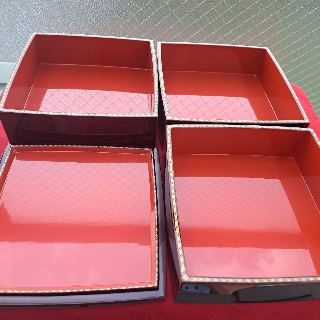 【輪島塗　6.5寸\"3段重箱&重台】布着本堅地　溜塗　沈金網代　胴張り　長期保管