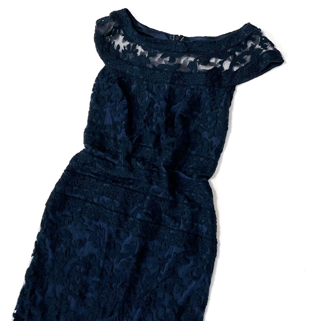 タダシショージ レース 刺繍　スリット ロングドレス　ネイビー　ワンピース