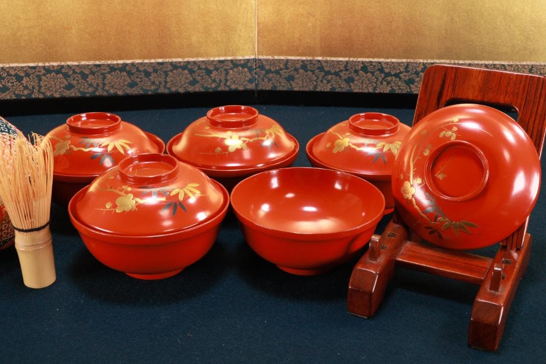 時代漆器　輪島塗　松竹梅蒔絵 　吸物椀　五客　塗椀　汁椀　木製　BJ073