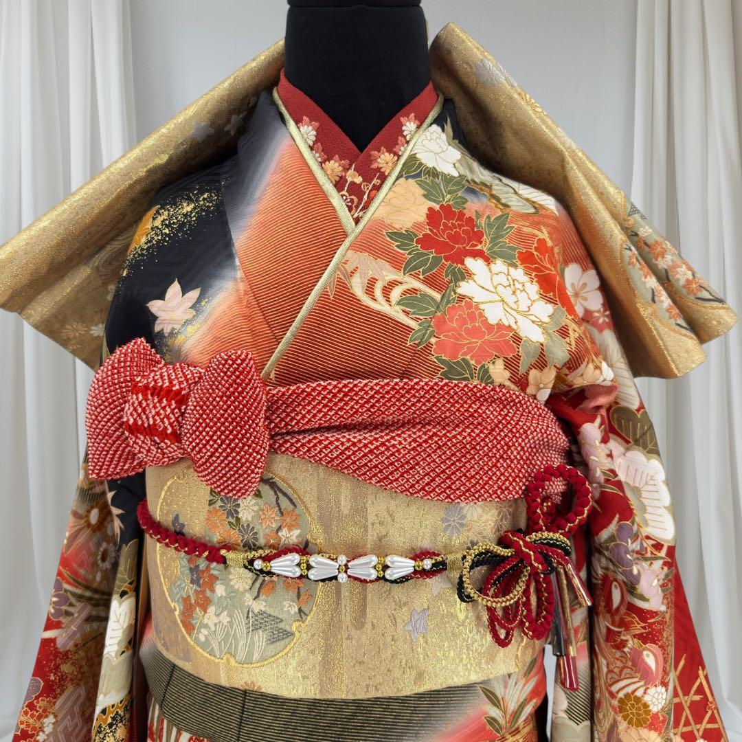 逸品 振袖7点フルセット 金駒刺繍 豪華金彩 鴛鴦　四季草花文様　成人式　結婚式