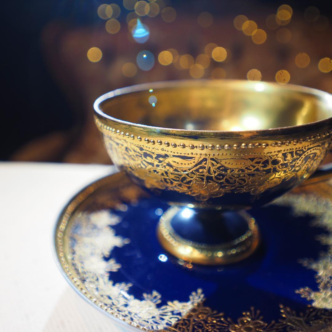 オールドノリタケ 金盛藍線帯華装飾紋 メイプルリーフ印 ペディスタル 里帰り