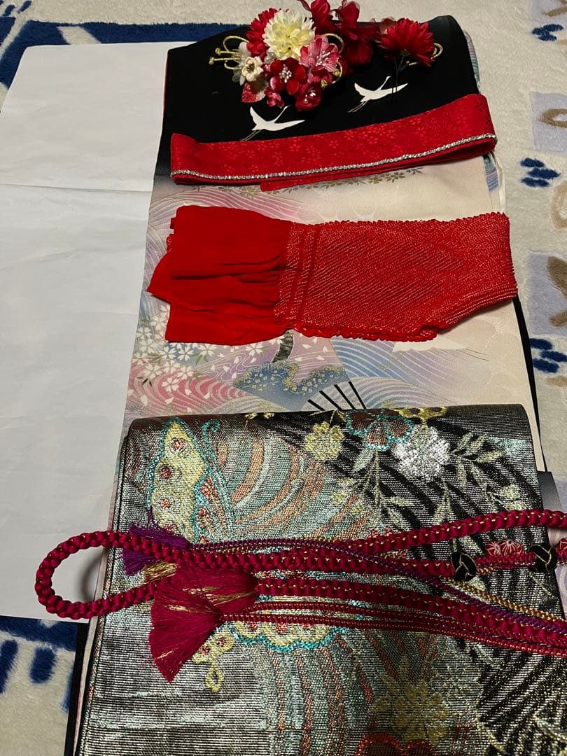 振袖セット正絹本加工青波扇子と鶴アンティークレトロな振袖作家落款有　トールサイズ