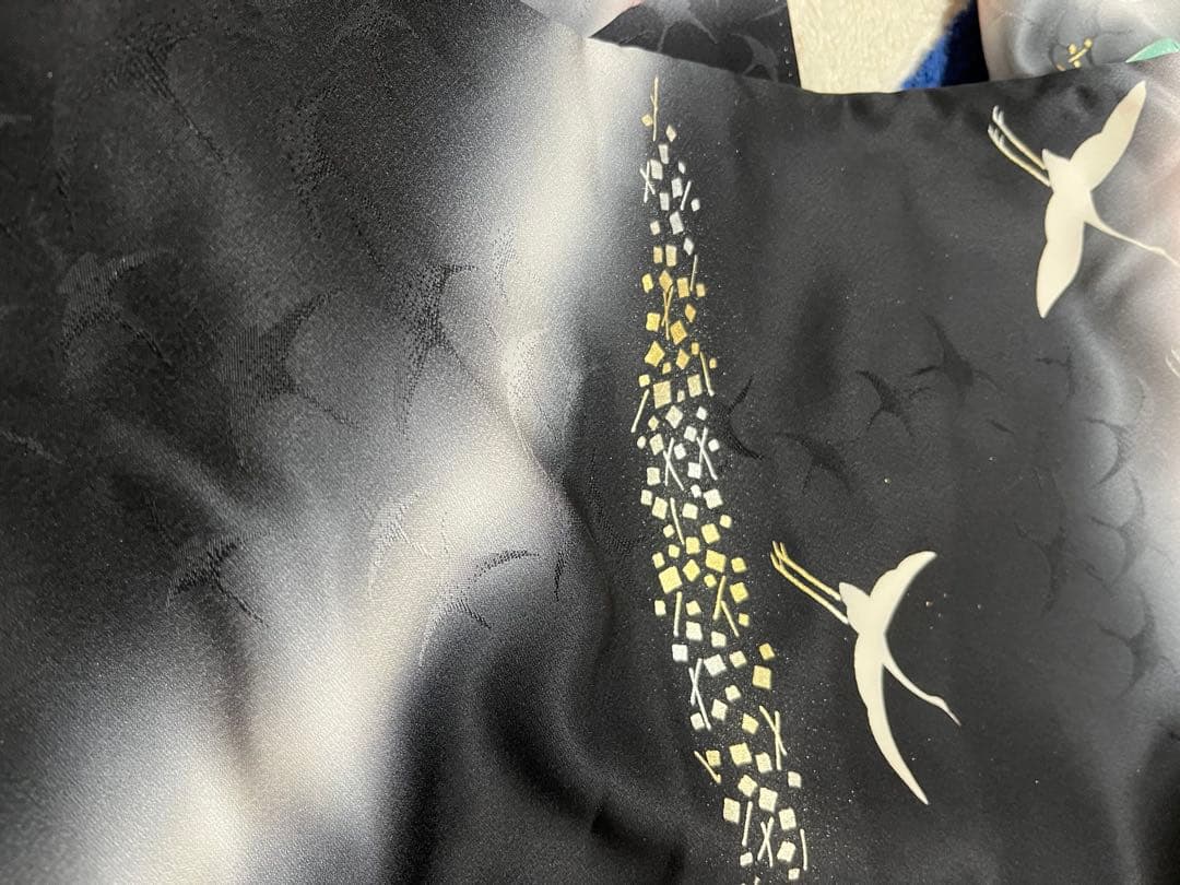 振袖セット正絹本加工青波扇子と鶴アンティークレトロな振袖作家落款有　トールサイズ