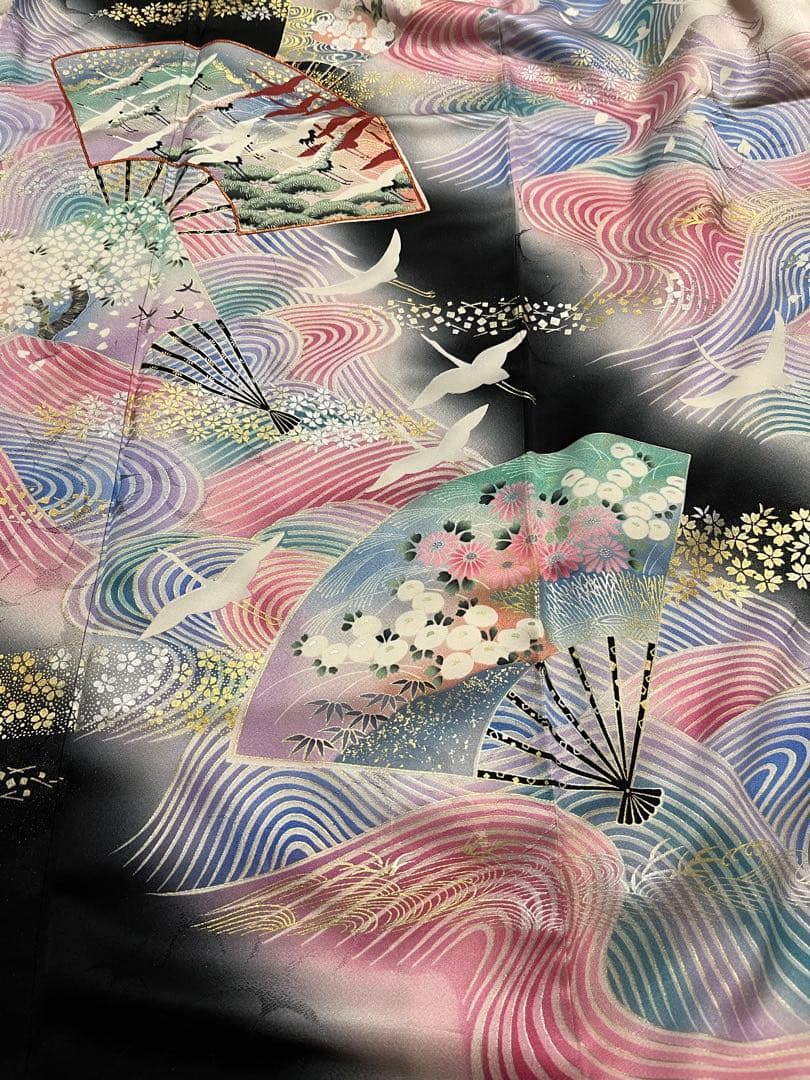 振袖セット正絹本加工青波扇子と鶴アンティークレトロな振袖作家落款有　トールサイズ