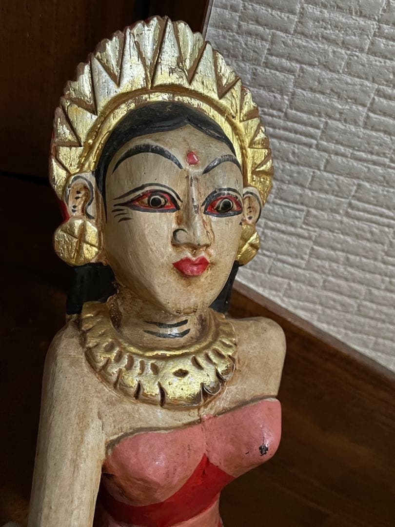 ヴィンテージ インド木製女性像 鏡付き フォークアート Vintage