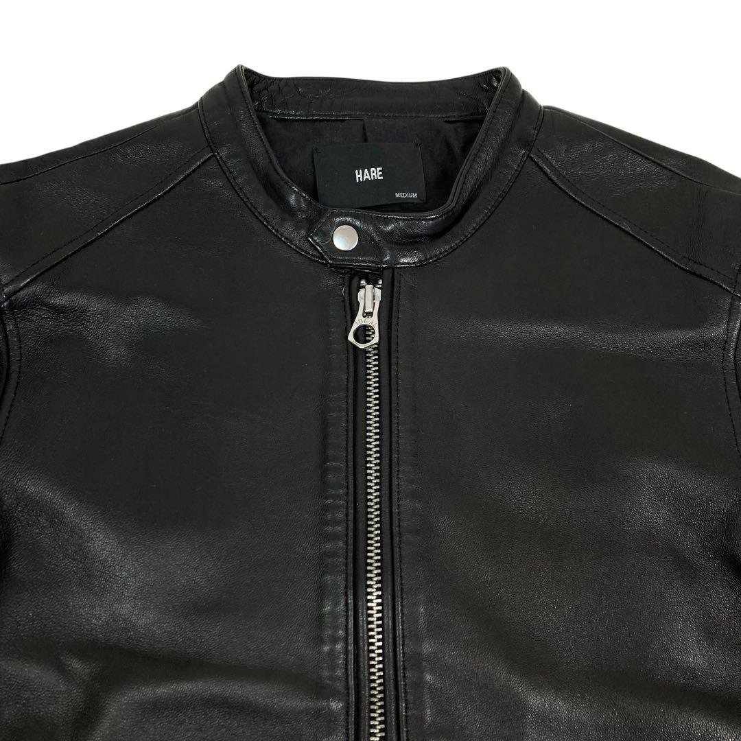 02M796◯ HARE ブラック 羊革 シングル ライダース レザージャケット