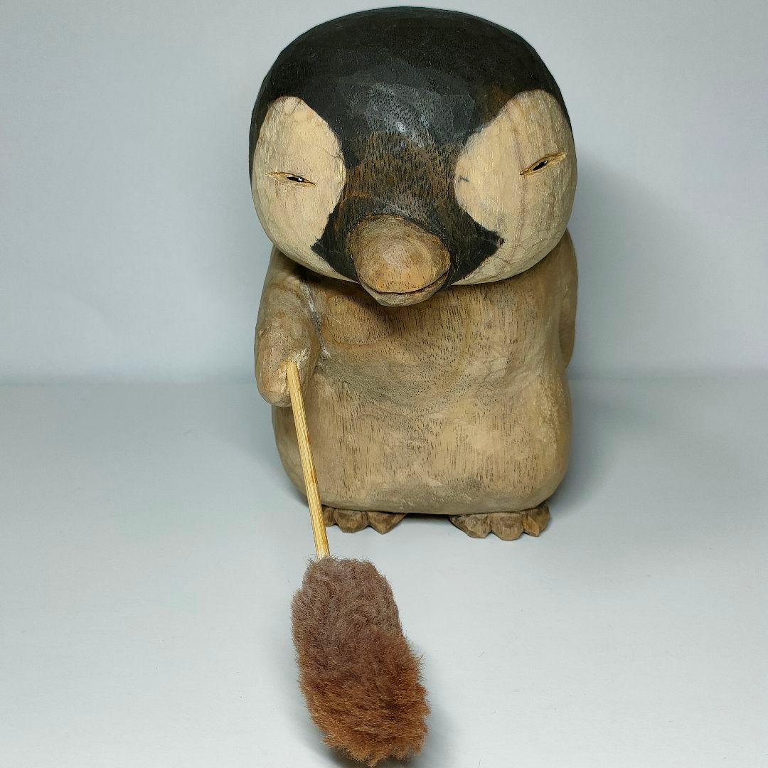 木製ペンギン　木製彫刻 　ダスター付き