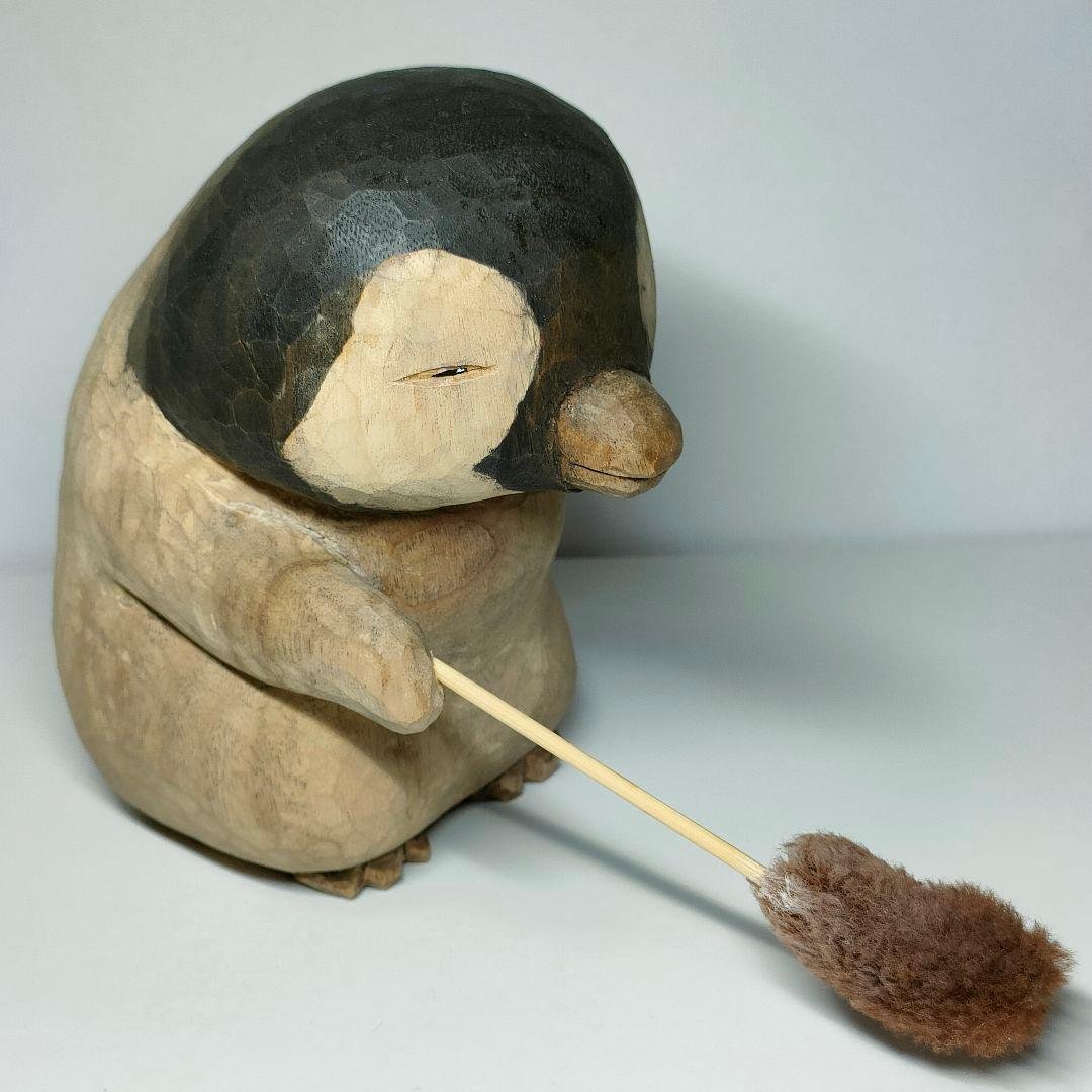 木製ペンギン　木製彫刻 　ダスター付き