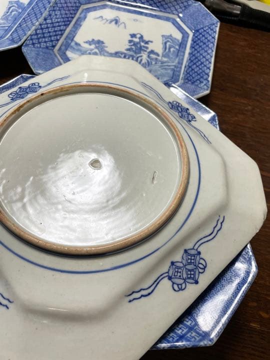 明治時代　古伊万里　染付　印判　染付　山水図　四方隅切大角皿　径27cm