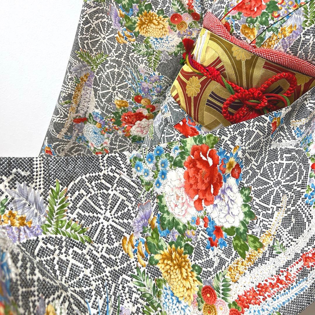 438 振袖フルセット 正絹 黒 赤 金彩 手描き 総柄 小紋 セミアンティーク
