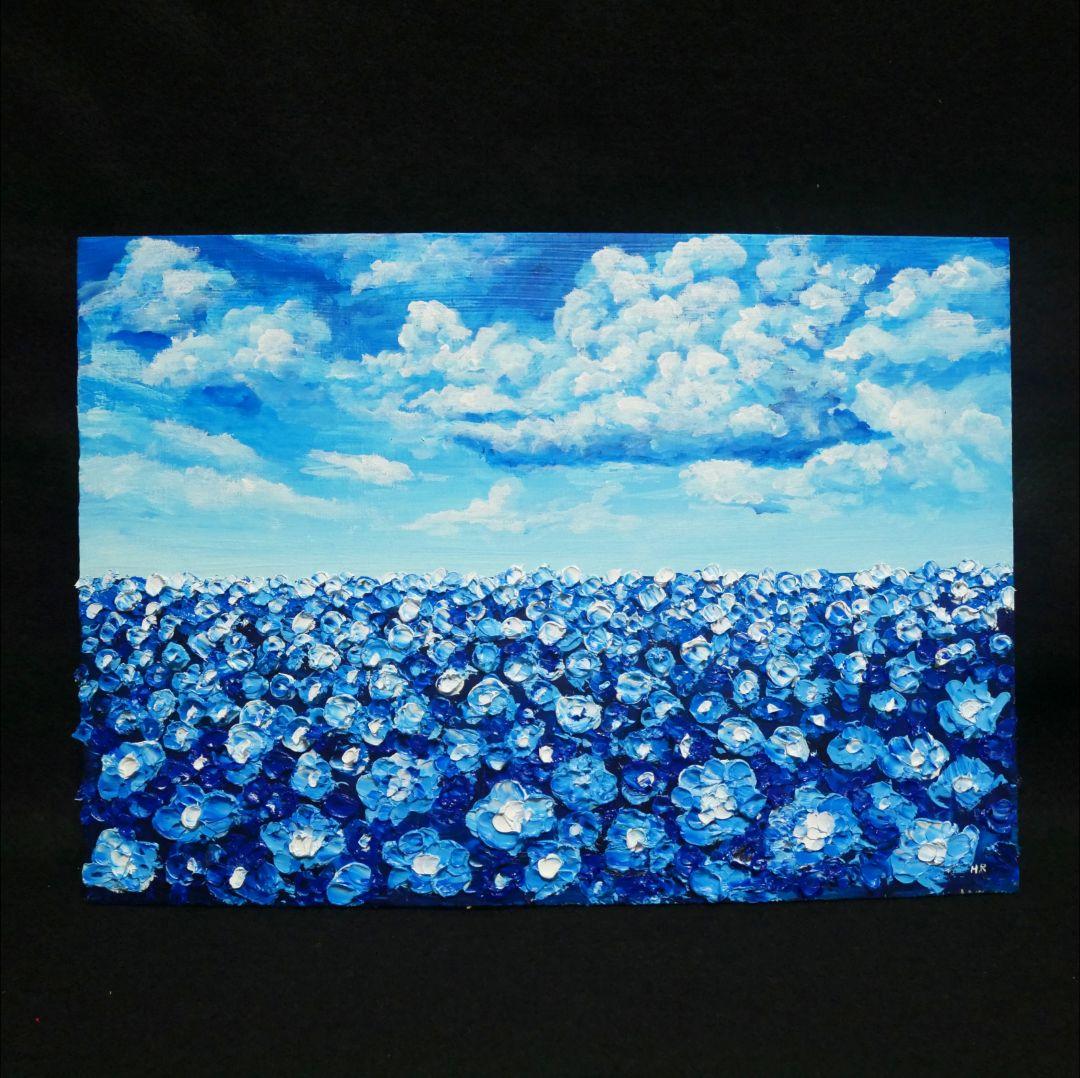 油絵 油彩 油彩画 絵 絵画【青空と雲のネモフィラ】