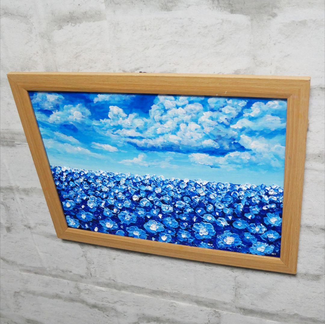 油絵 油彩 油彩画 絵 絵画【青空と雲のネモフィラ】