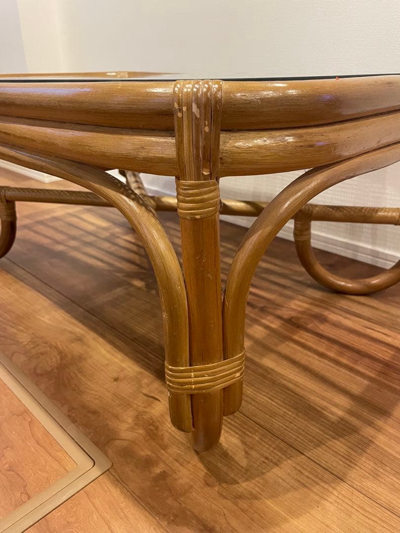 ✨【美品】✨昭和レトロ ラタン ガラス天板 センターテーブル ローテーブル