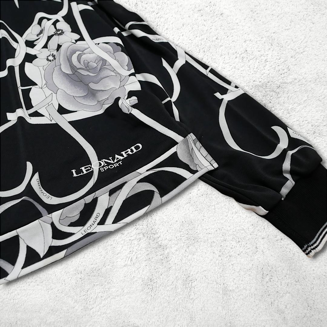 美品【レオナール】フラワー&ハート プリント 40 長袖 ポロシャツ ブラック