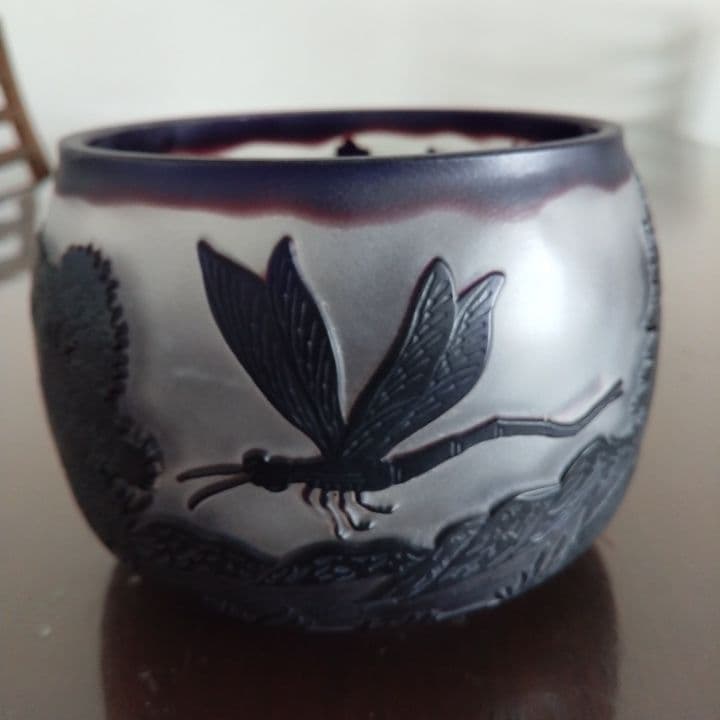 被せ硝子⭐︎アンティーク⭐︎ガレ調 ⭐︎蜻蛉文様 硝子鉢⭐︎水指茶道具、小物入れ