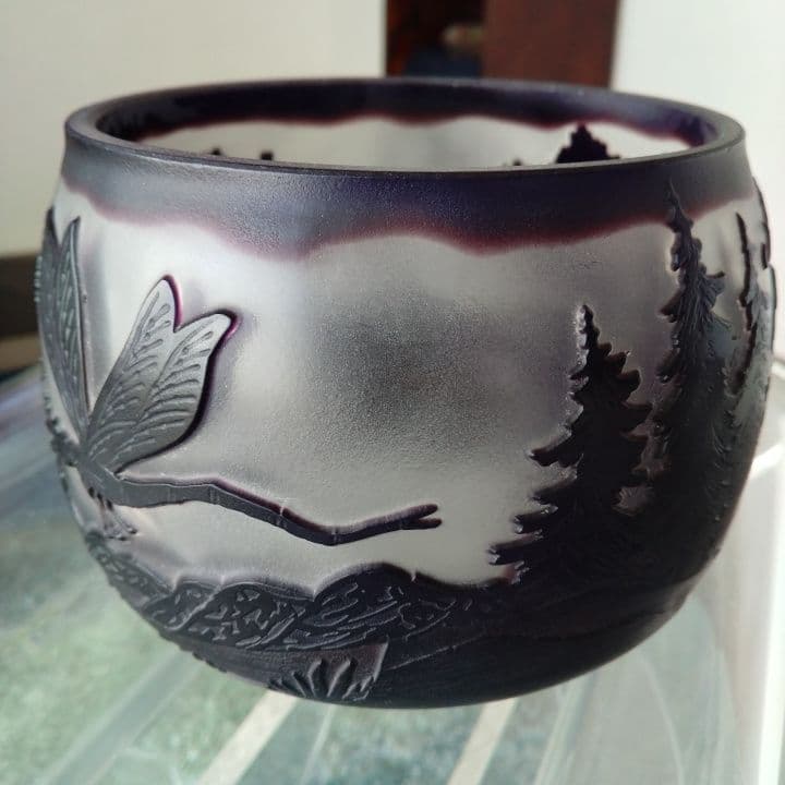 被せ硝子⭐︎アンティーク⭐︎ガレ調 ⭐︎蜻蛉文様 硝子鉢⭐︎水指茶道具、小物入れ