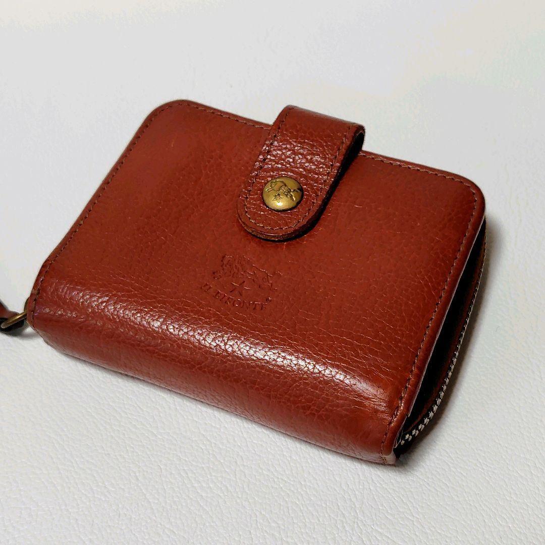 イルビゾンテ　折り財布　ブラウン　レザー　ラウンドファスナー　型押し　金ボタン