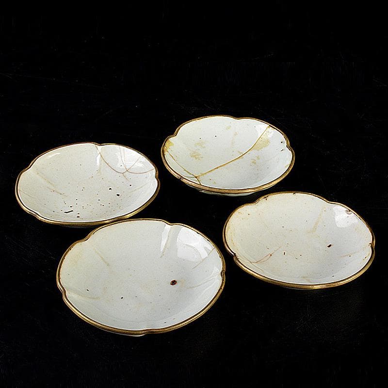 中国　徳化窯　白磁　銅覆輪　輪花皿　四客　V　R7320