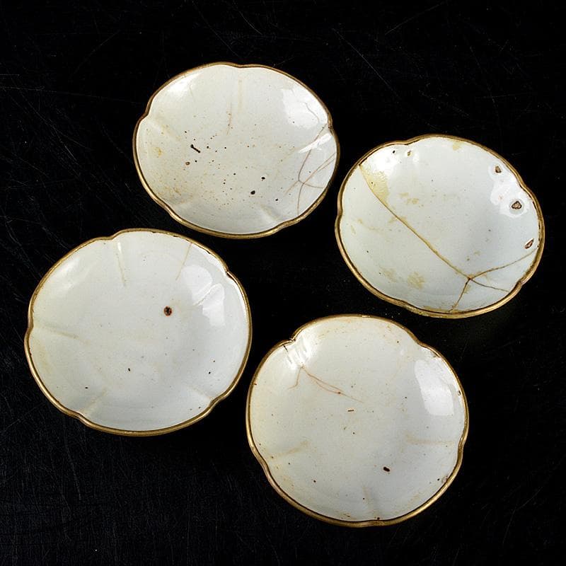 中国　徳化窯　白磁　銅覆輪　輪花皿　四客　V　R7320