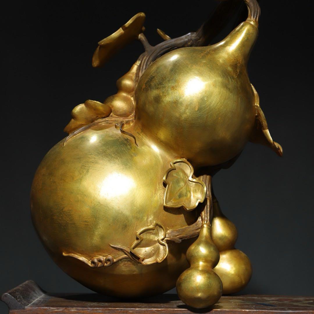 旧蔵　巨大純銅製金メッキ　葫蘆　ふくろう細工彫刻　置物　供奉 供養 インテリア