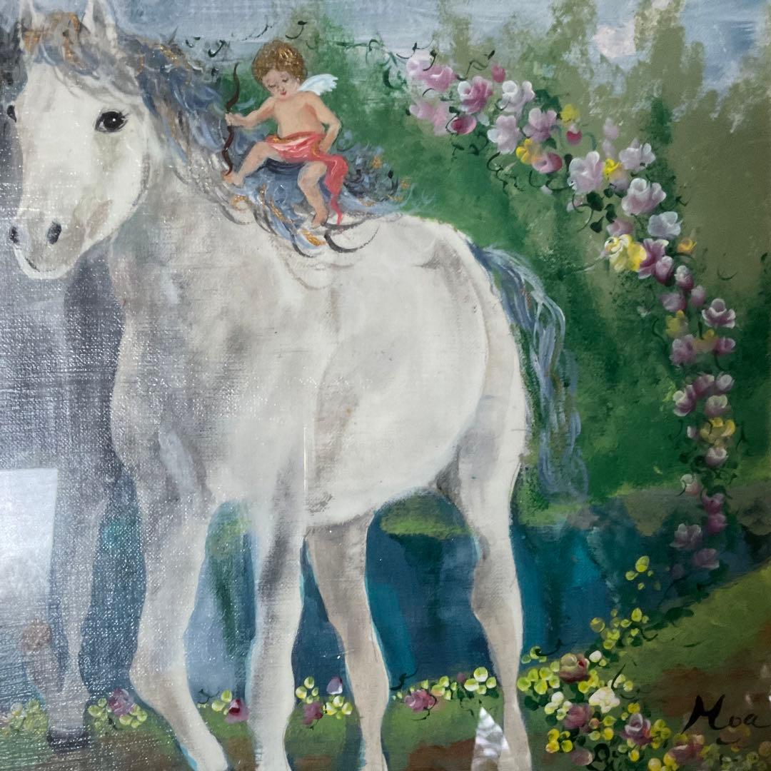 絵画 油絵 板谷モア 二頭の馬とキューピッド 額装 サイン 限定作品