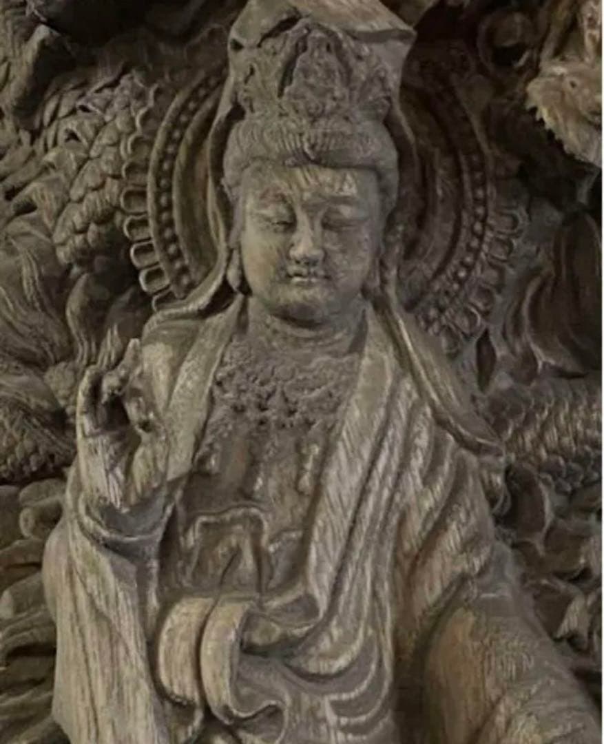 大型　高37cm 仏教工芸品　総楠製　井波彫刻　一刀彫　極上彫　九龍観音菩薩立像