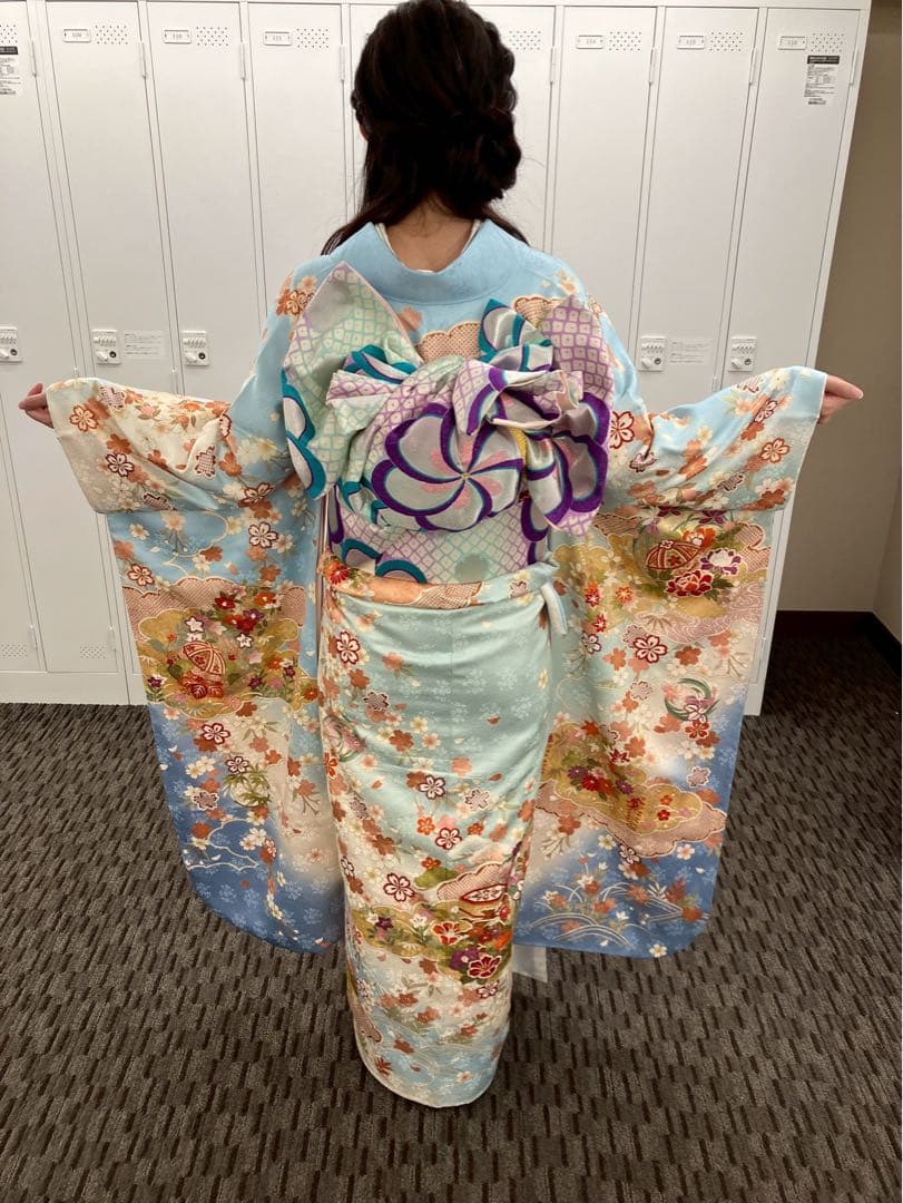 振袖フルセット 成人式 帯・小物一式・草履バック付(水色 白 ピンク 紫)