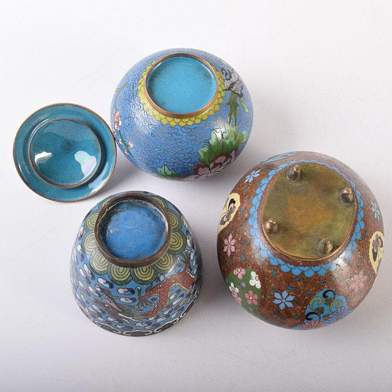 中国　古七宝琺瑯彩　花文　蓋爐　香炉　煎茶碗　3点まとめて　V　R8616