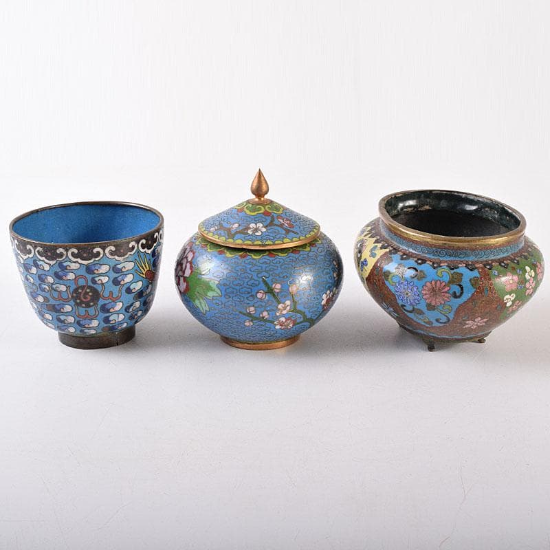 中国　古七宝琺瑯彩　花文　蓋爐　香炉　煎茶碗　3点まとめて　V　R8616