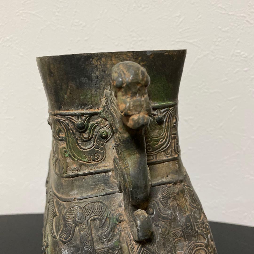 中国美術 青銅器 饕餮紋獣耳壷 花瓶 漢銅器