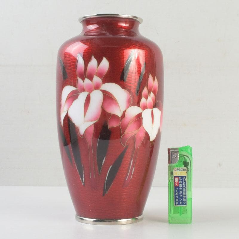 七宝焼　安藤七宝店　赤透釉　花文　花瓶　敷板・箱付　V　9279