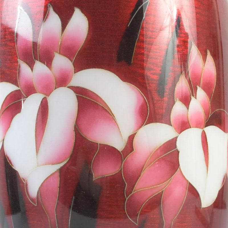 七宝焼　安藤七宝店　赤透釉　花文　花瓶　敷板・箱付　V　9279