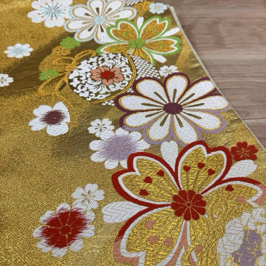 超美品　正絹　現代　袋帯　着物　六通　振袖　成人式　454 白　金　赤　花柄