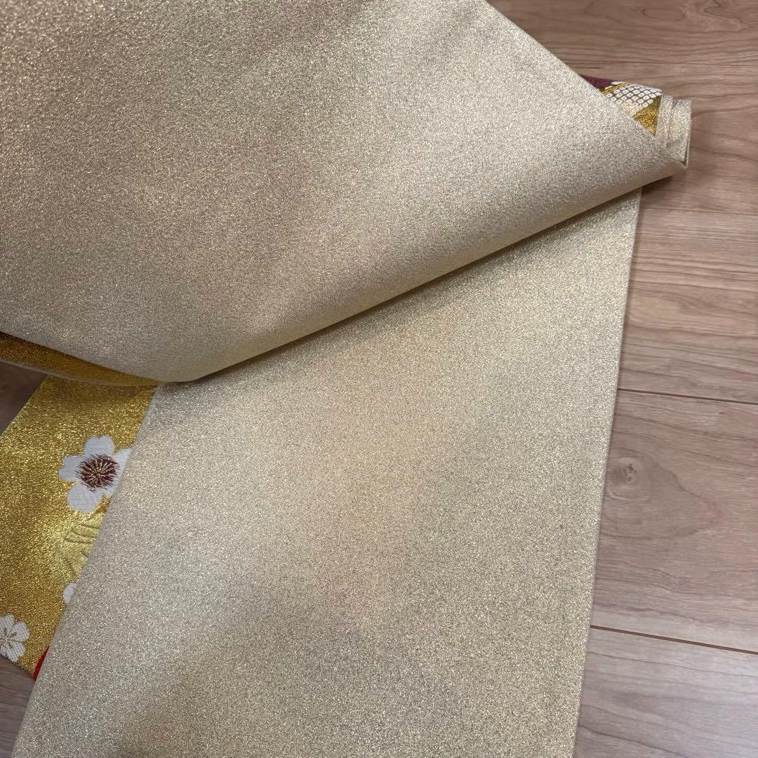 超美品　正絹　現代　袋帯　着物　六通　振袖　成人式　454 白　金　赤　花柄