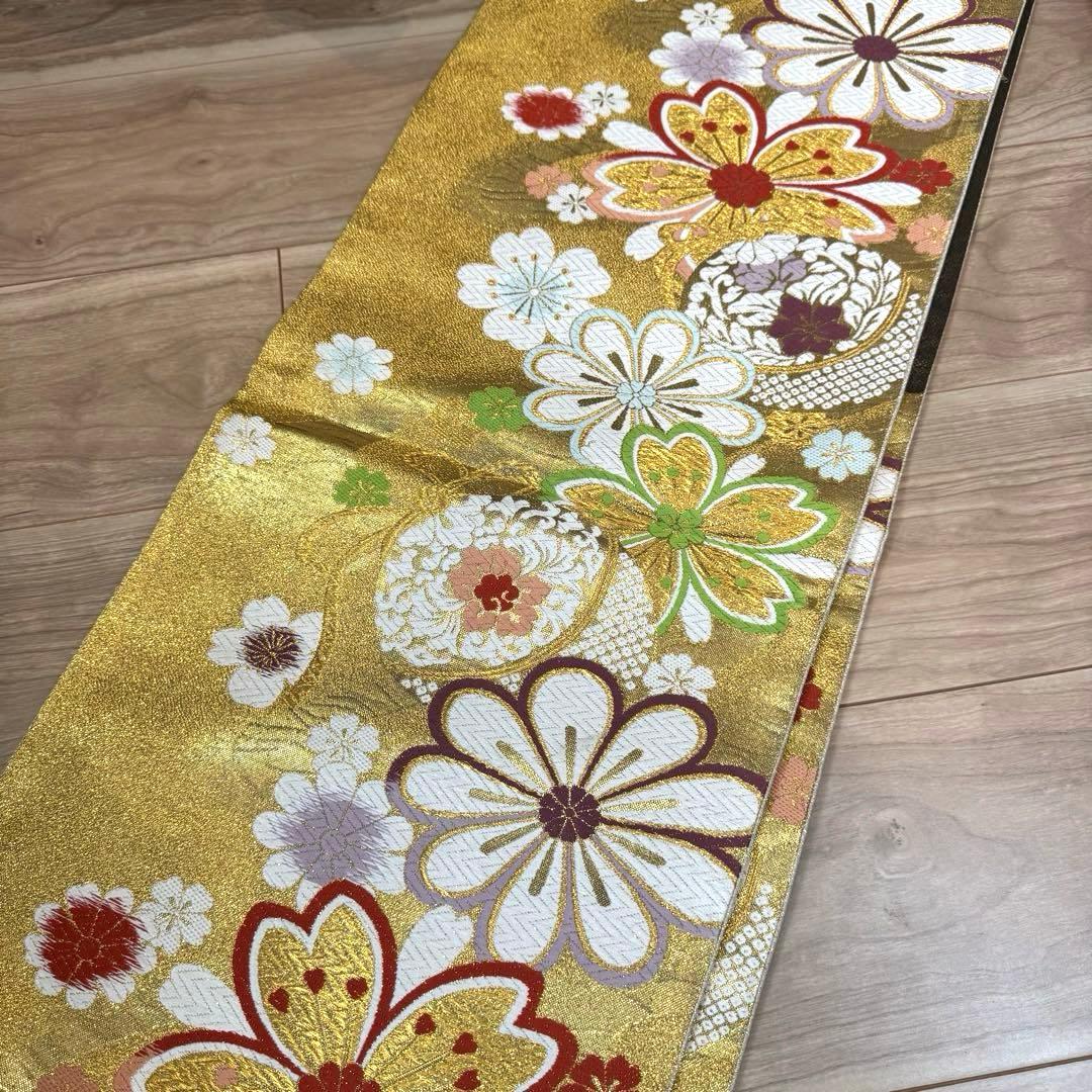 超美品　正絹　現代　袋帯　着物　六通　振袖　成人式　454 白　金　赤　花柄