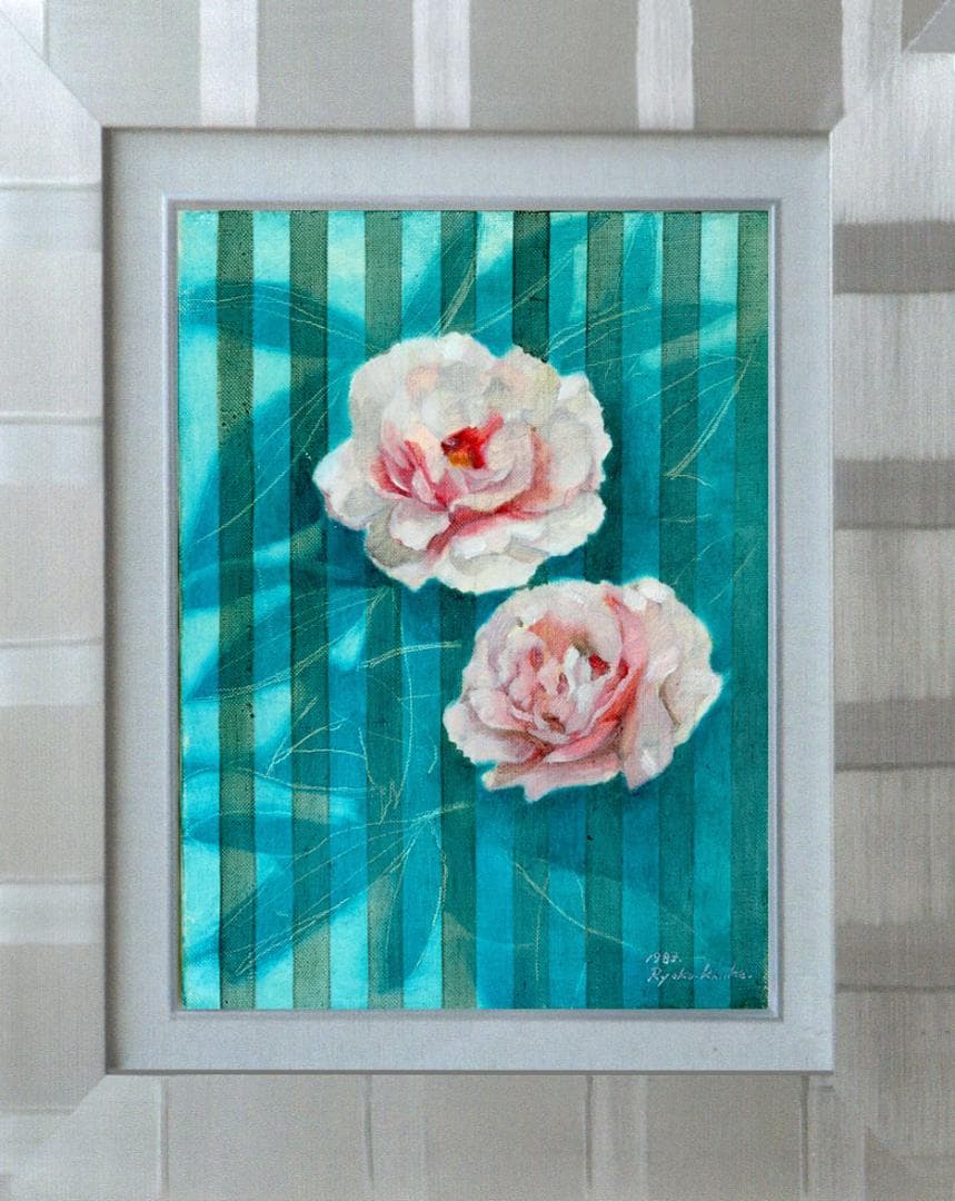 油絵 菅家令子 絵画インテリア額付( 青緑＋金色の枠 )F4-222023ぼたん