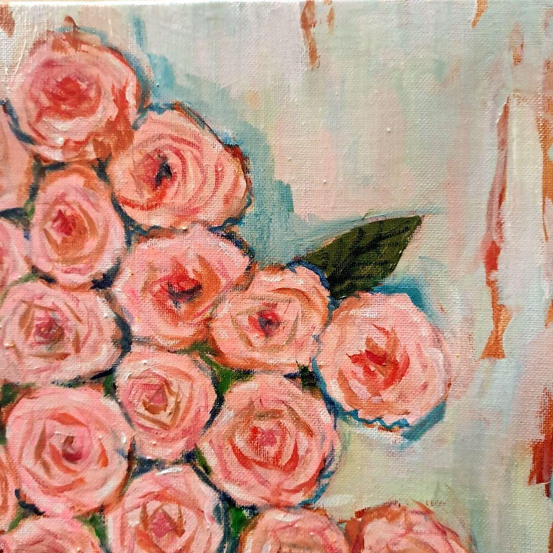 キャンバス油絵　専用　デリケートローズからアイボリーの空間 　大きいキャンパス