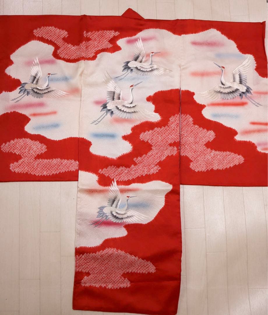 美品　正絹　総絞り　鶴　七五三　３歳　被布　セット　刺繍　産着